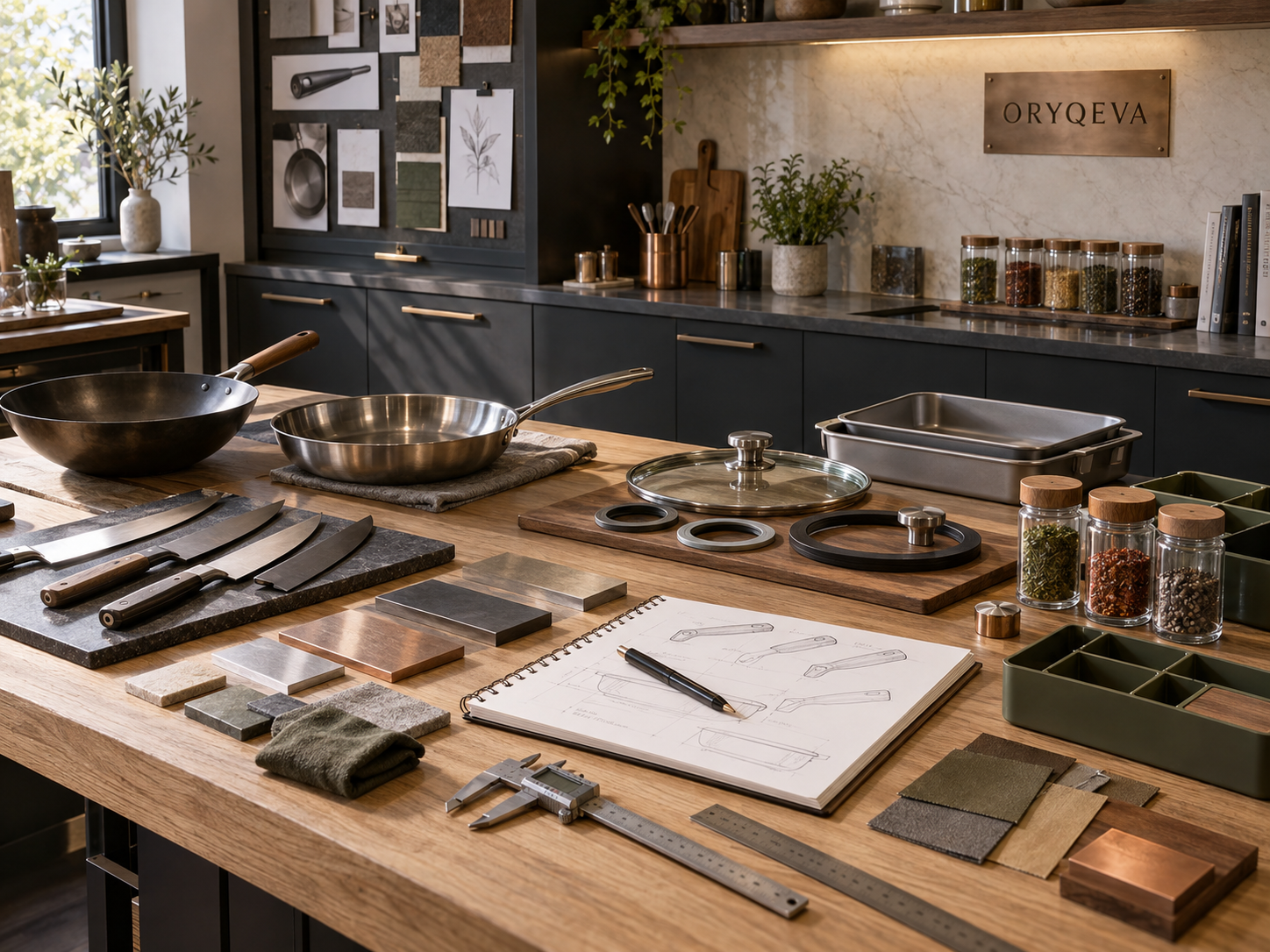 oryqeva kitchen product studio with cookware prototypes, knives, bakeware, storage components and design sketches