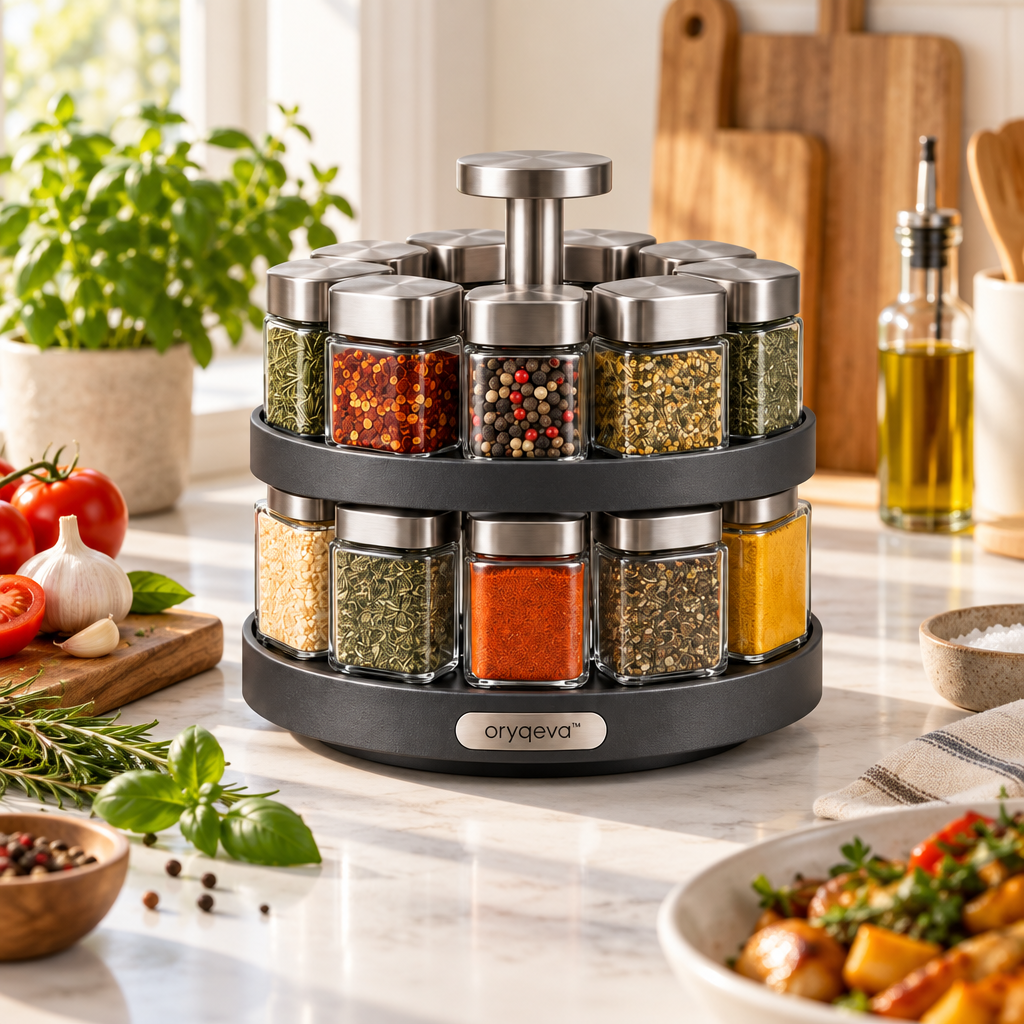 oryqeva™ SpiceCarousel Rotating Glass Spice Jar Set product view